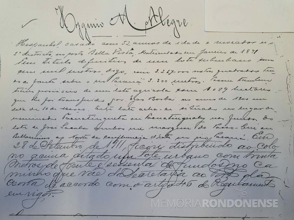 || Cópia digitalizada que atesta o título de propriedade a Hygino Manoel Alegre, junto ao Rio Bela Vista, em Foz do Iguaçu.
Imagem: Acervo João Jorge Zeiman - Foz do Iguaçu - FOTO 4 -