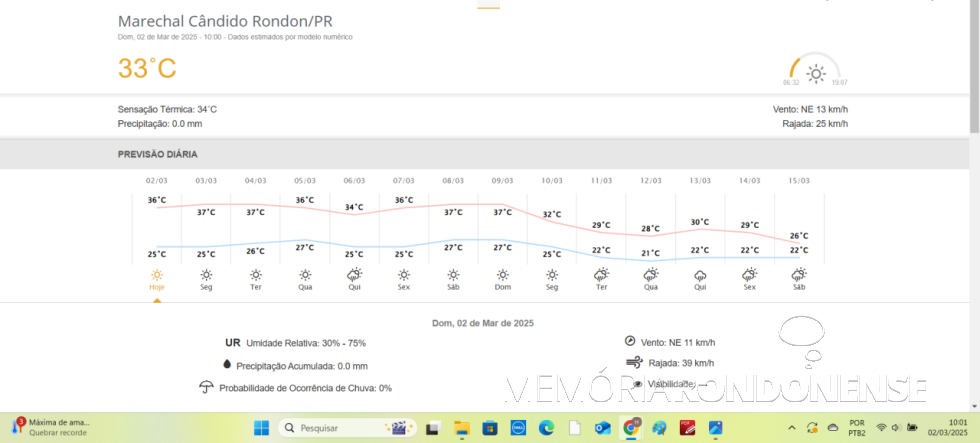 || Previsão meteorológica para Marechal Cândido Rondon, dia 02 de março de 2025 e dias supervenientes, fornecida pelo SIMEPAR - FOTO 24 -