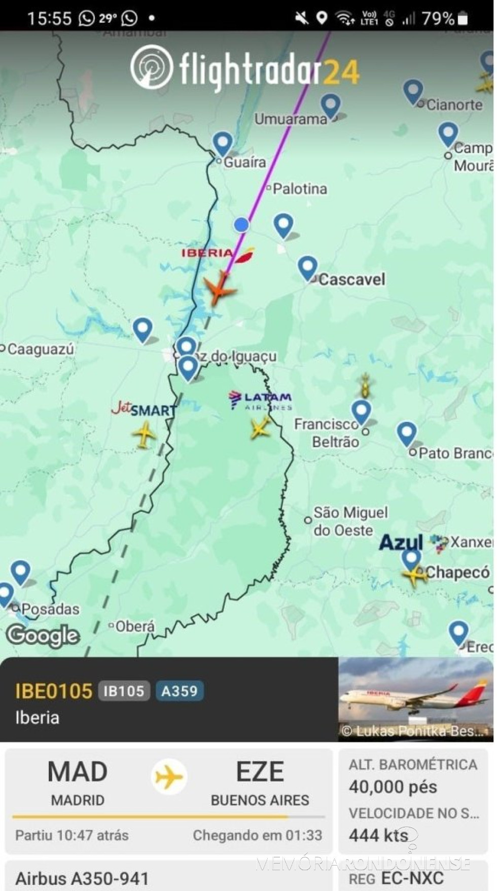 || Identificação da rota da aeronave da Iberia que cruzou o espaço aéreo da cidade de Marechal Cândido Rondon, em 18 de março de 2025.
Imagem: Acervo Flighradar - FOTO 31 -