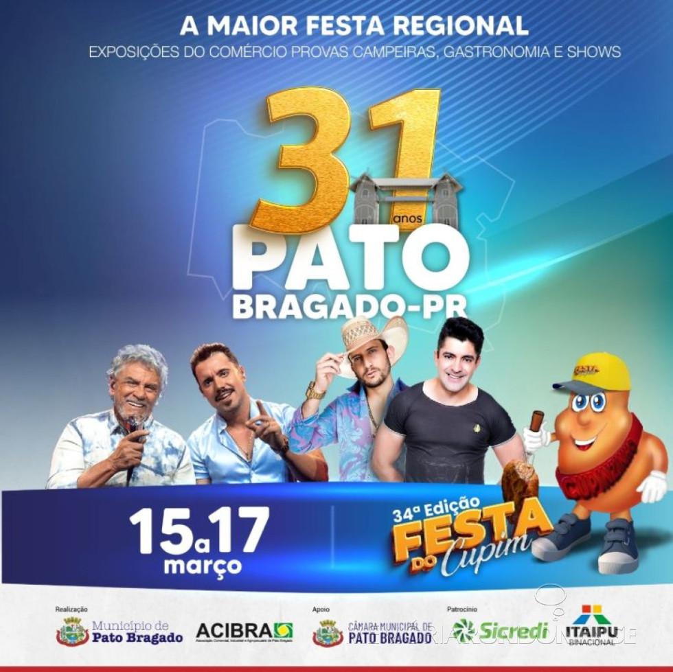 || Cartaz convite para a 34ª festa Nacional do Cupim Assado de Pato Bragado, em março de 2024.
Imagem: Acervo Prefeitura Municipal de Pato Bragado - FOTO 35 -