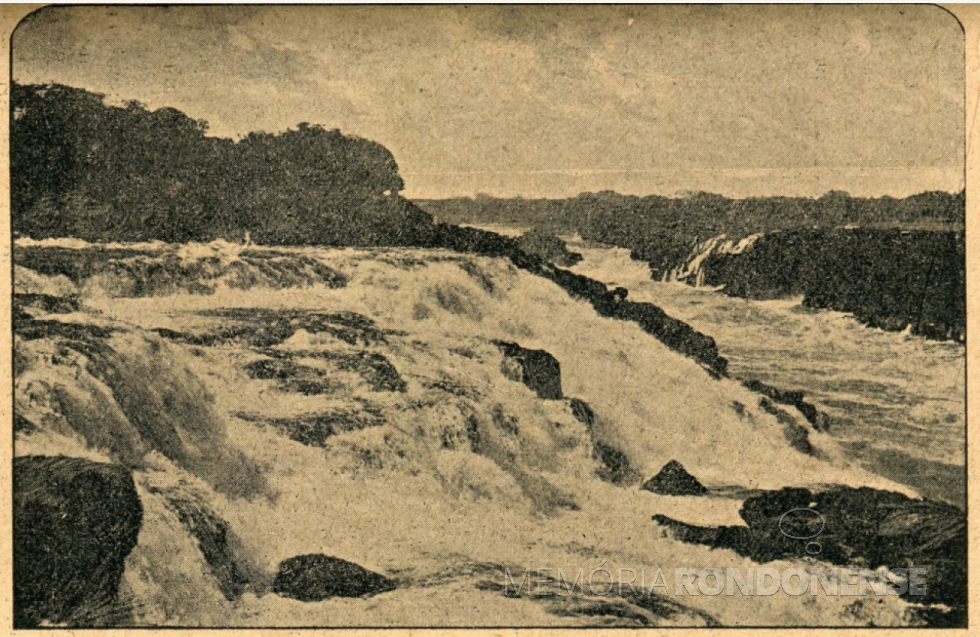 || Vista parcial das Sete Quedas, em foto de 1907.
Imagem: Fuente: RODRIGUEZ ALCALA, JOSÉ. El Paraguay en marcha. Asunción, Tall. Graf. El País, 1907 -FOTO 9 -