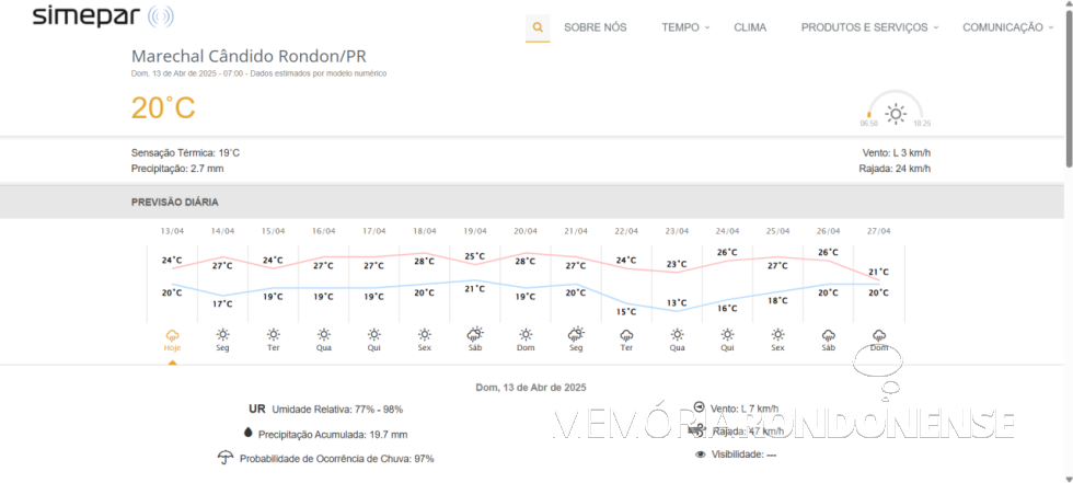 || Previsão climatológica para a cidade de Marechal Cândido Rondon, dia 13 de abril de 2025 e dias supervenientes, fornecida pelo Simepar - FOTO 19 -