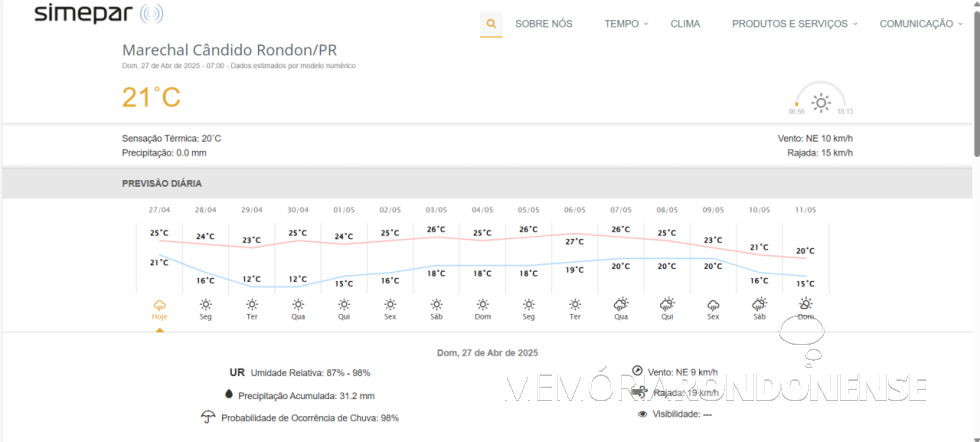 || Previsão meteorológica para a cidade de Marechal Cândido Rondon, dia 27 de abril e dias supervenientes, fornecida pelo SIMEPAR - FOTO 39 -