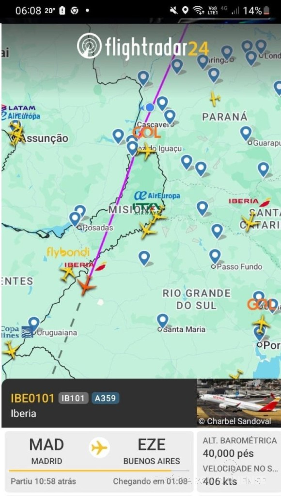 || Identificação da rota do avião da Iberia que cruzou o espaço aéreo da cidade de Marechal Cândido Rondon, em 20 de abril de 2025.
Imagem: Acervo Flightradar - FOTO 32 -
