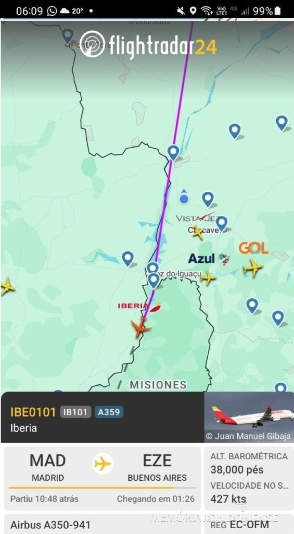 || Identificação da rota do avião da Iberia que cruzou o espaço aéreo do município de Marechal Cândido Rondon, na região do distrito de Porto Mendes, em 18 de abril de 2025.
Imagem: Acervo Flightradar - FOTO 22 -