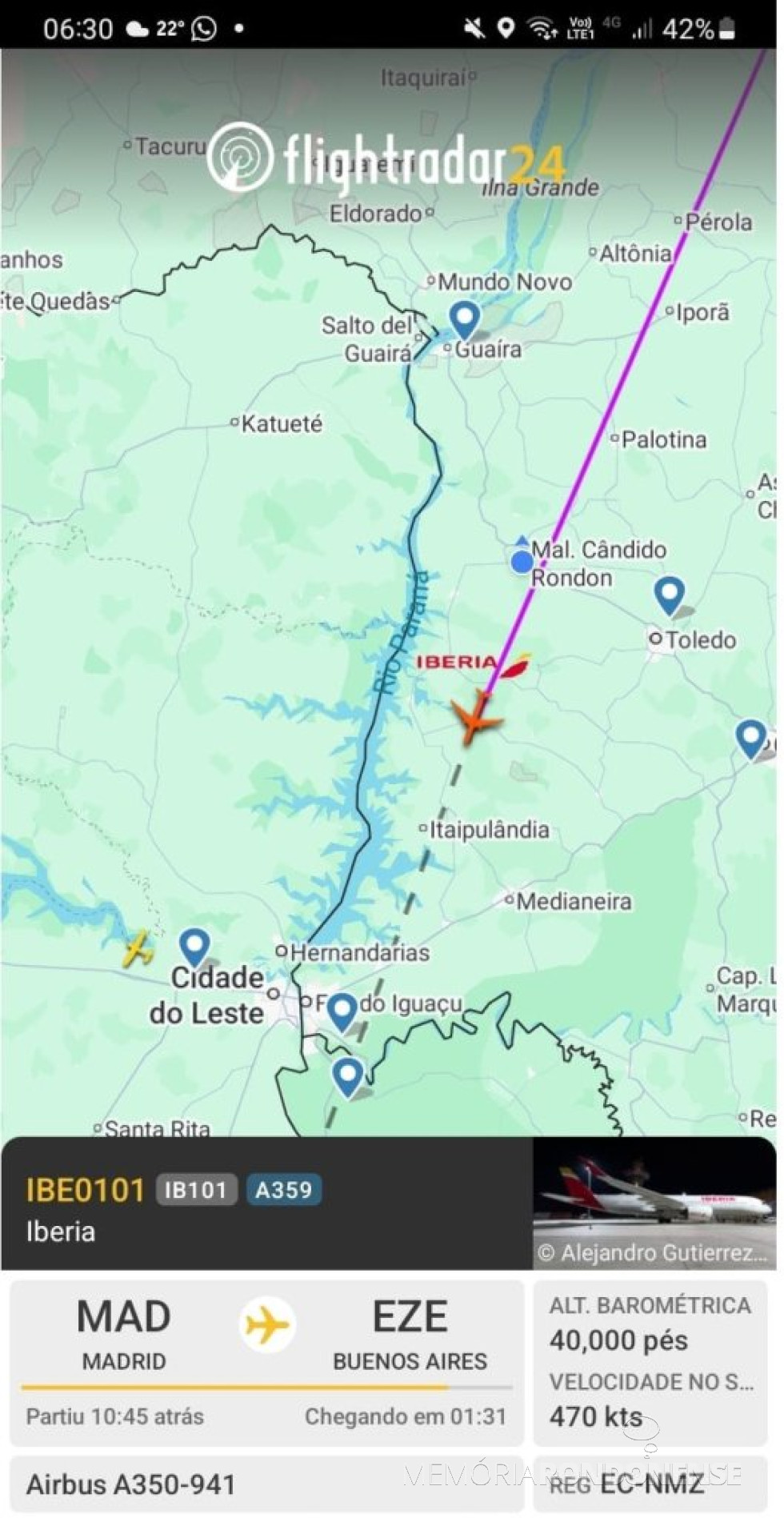 || Identificação da rota da aeronave da Iberia que cruzou o espaço aáreo de Marechal Cândido Rondon, 04 de abril de 2025.
Imagem: Acervo Flightradar - FOTO 19 -