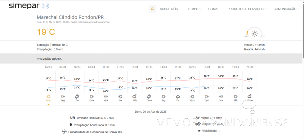 || Previsão meteorológica para a cidade de Marechal Cândido Rondon, dia 06 de abril de 2025 e dias supervenientes, fornecida pelo Simepar - FOTO 29 -
