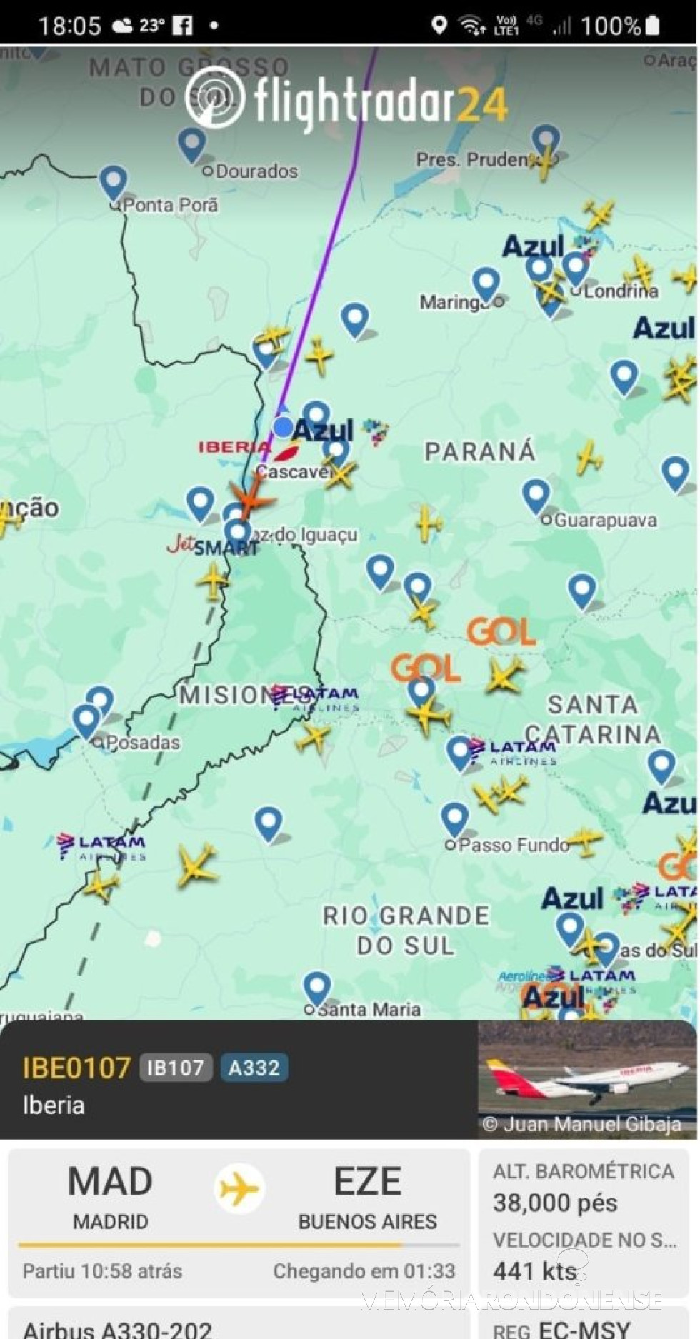 || Identificação da rota do avião da Iberia que cruzou o espaço aéreo da cidade de Marechal Cândido Rondon, em 15 de abril de 2025.
Imagem: Acervo Flightradar - FOTO 34 -