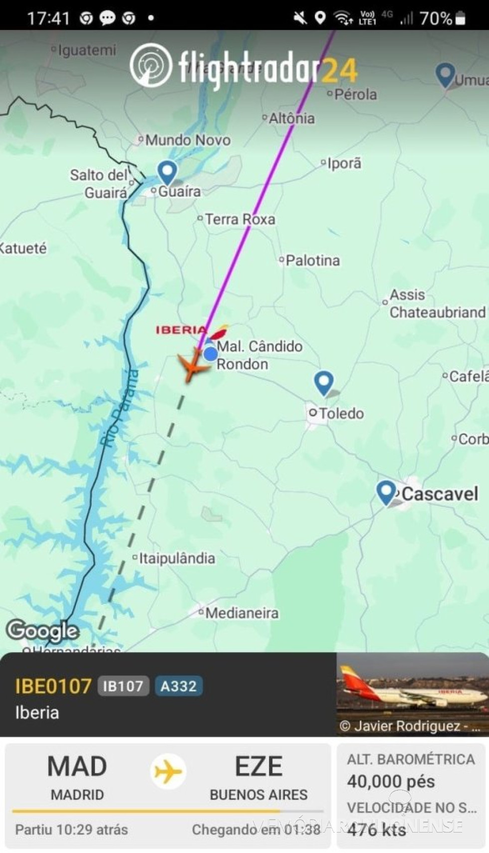 || Identificação da rota do avião da Iberia que cruzou o espaço aéreo de Marechal Cândido Rondon, ao final da tarde de 24 de abril de 2025.
Imagem: Acervo Flighradar - FOTO 22 -