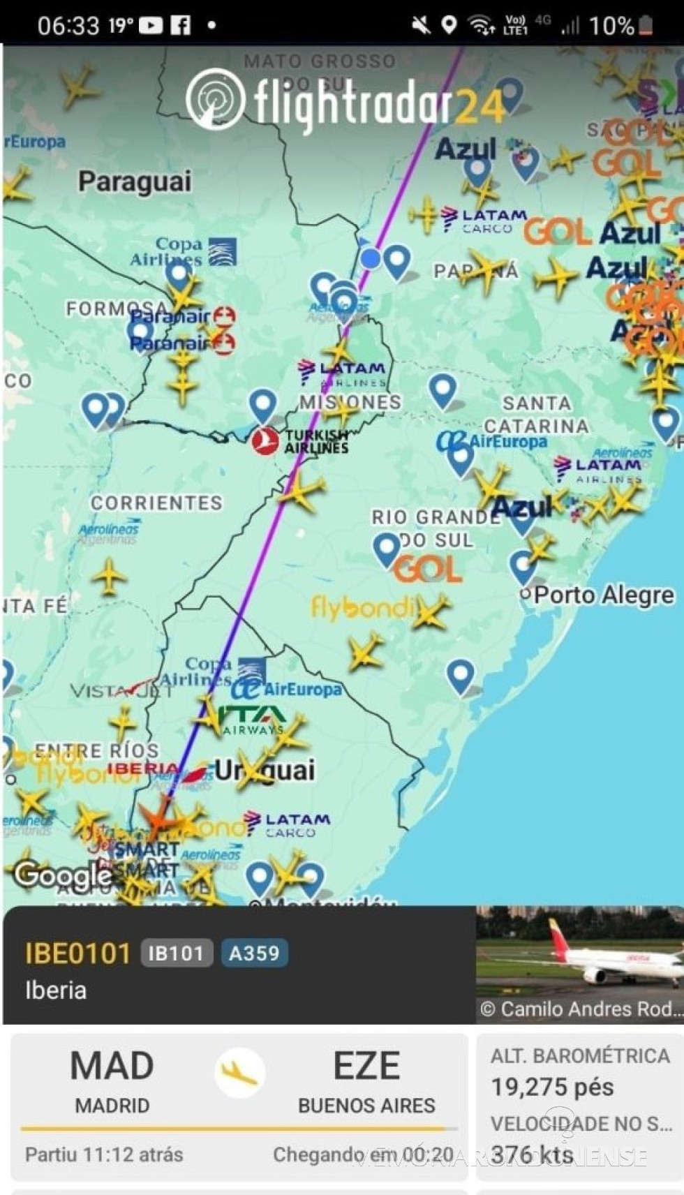 || Identificação da rota do avião da Iberia que cruzou o município de Marechal Cândido Rondon, em 24 de abril de 2025.
Imagem: Acervo Flightradar - FOTO 20 -