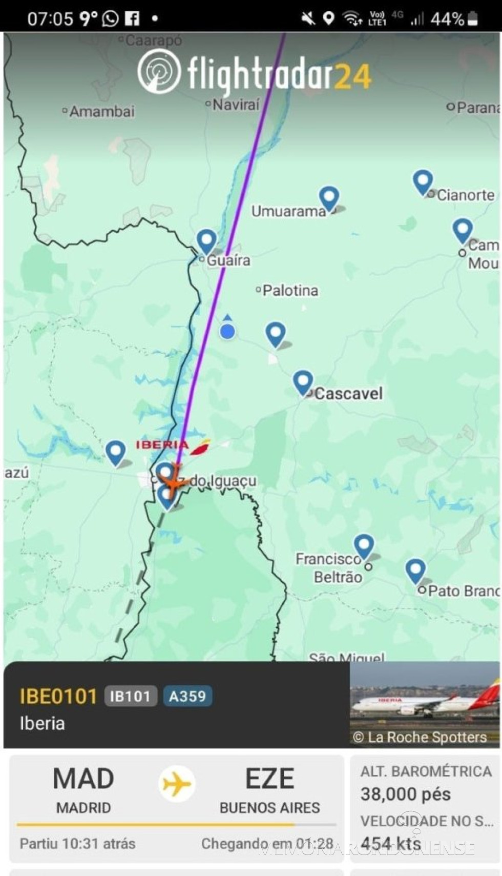 || Identificação da rota do avião da Iberia que cruzou o espaço aéreo de Marechal Cândido Rondon, em 30 de abril de 2025.
Imagem: Acervo Flightradar - FOTO 40 -