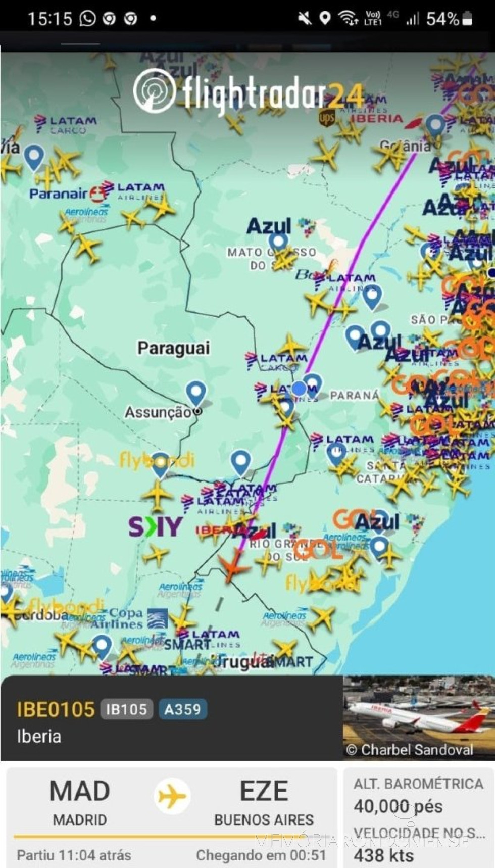 || Identificação da rota do avião da Iberia que cruzou o espaço aéreo da cidade de Marechal Cândido Rondon, no período vespertino de 27 de abril de 2025.
Imagem: Acervo Flightradar - FOTO 40 -