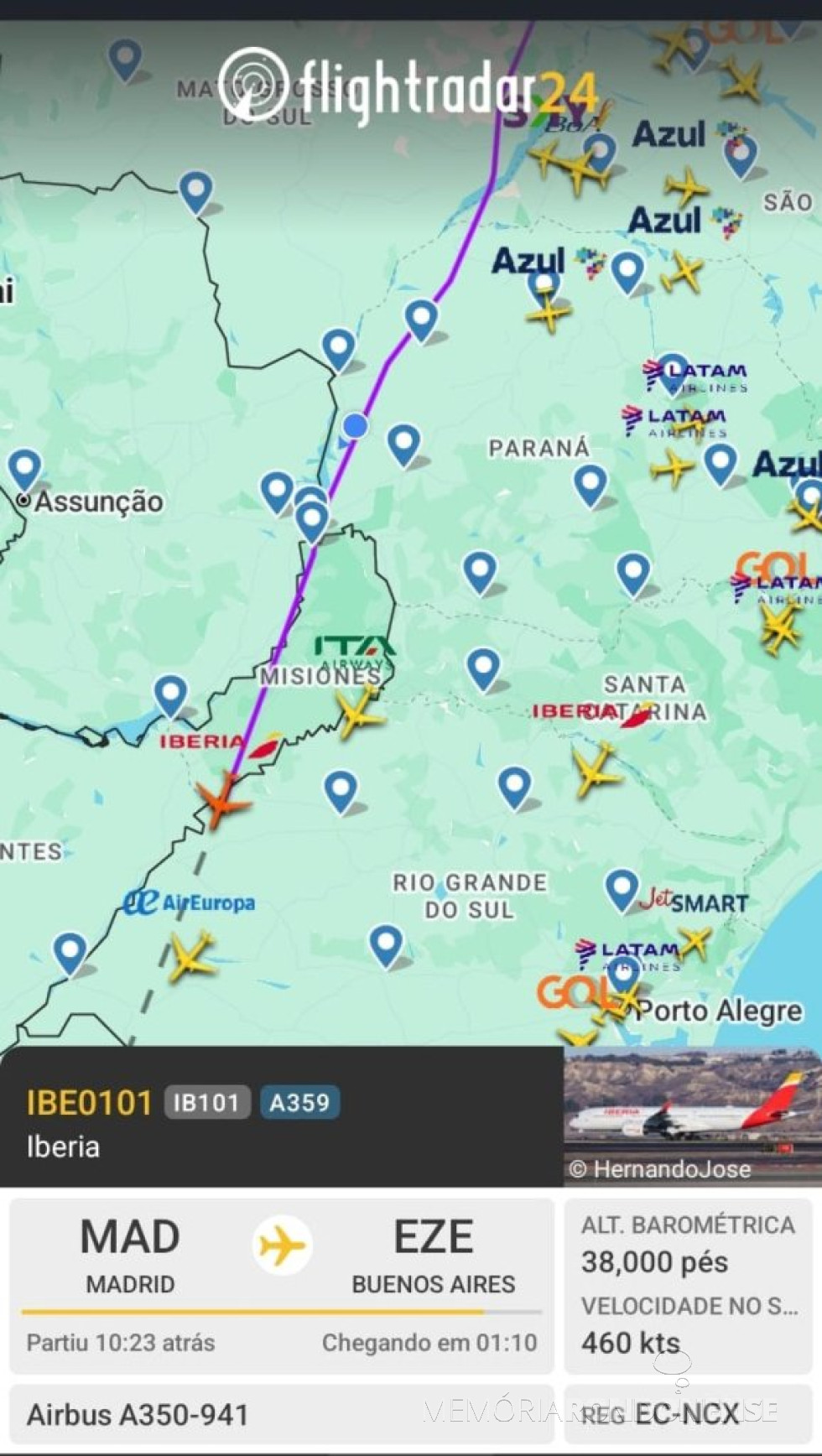 || Identificação da rota da aeronave da Iberia que cruzou o espaço aéreo da cidade de Marechal Cândido Rondon, no começo da manhã de 25 de abril de 2025.
Imagem: Acervo Flightradar - FOTO 19 -