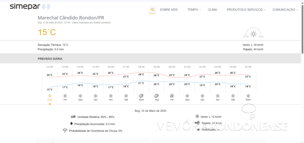 || Previsão meteorológica para a cidade de Marechal Cândido Rondon, 12 de maio de 2025 e dias supervenientes, fornecida pelo Simepar - FOTO 19 -