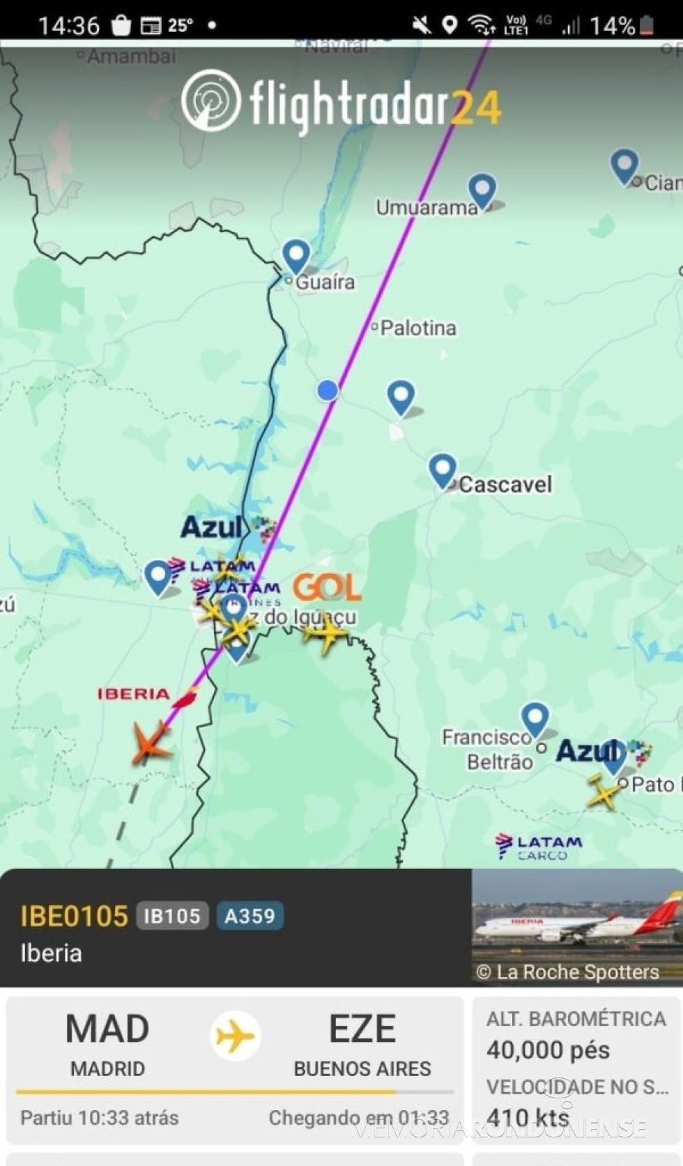 || Identificação da rota do segundo avião da Iberia que cruzou o espaço aéreo de Marechal Cândido Rondon, em 01 de maio de 2025.
Imagem: Acervo Flightradar - FOTO 24 -