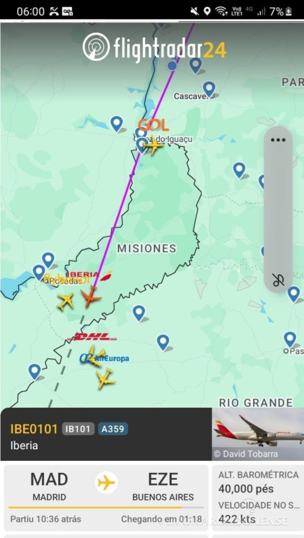 | Identificação da rota da avião da Iberia que cruzou o espaço aéreo da cidade de Marechal Cândido Rondon, na madrugada de 23 de maio de 2025.
Imagem: Acervo Fligthradar - FOTO 17 -