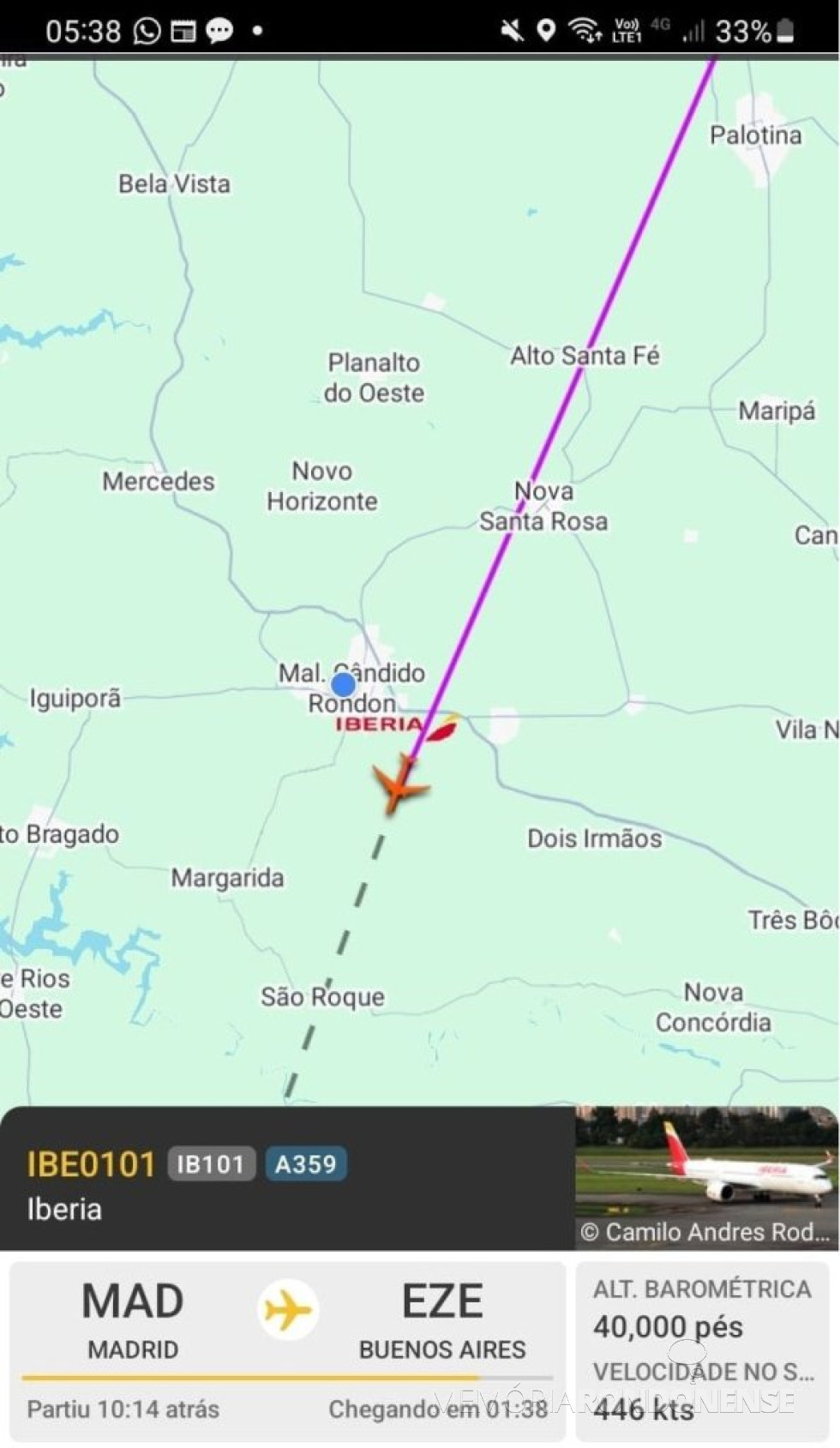 || Identificação da rota do avião da Iberia que cruzou o espaço aéreo de Marechal Cândido Rondon, em 03 de maio de 2025.
Imagem: Acervo Fligthradar - FOTO 37 -
