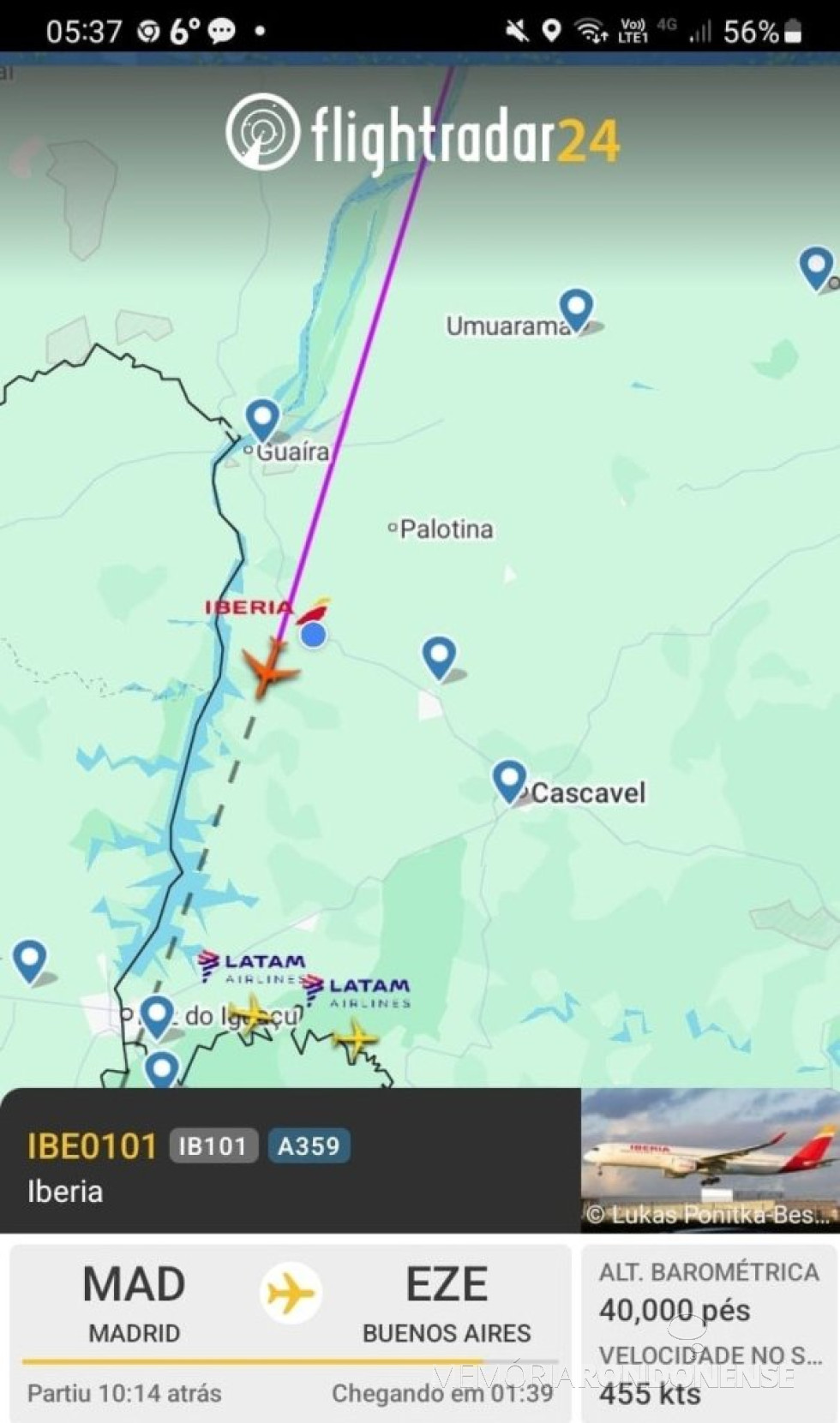 || Identificação da rota do avião da Iberia que cruzou o espaço aéreo da cidade de Marechal Cândido Rondon, na madrugada de 29 de maio de 2025.
Imagem: Acervo Flightradar - FOTO 17  -
