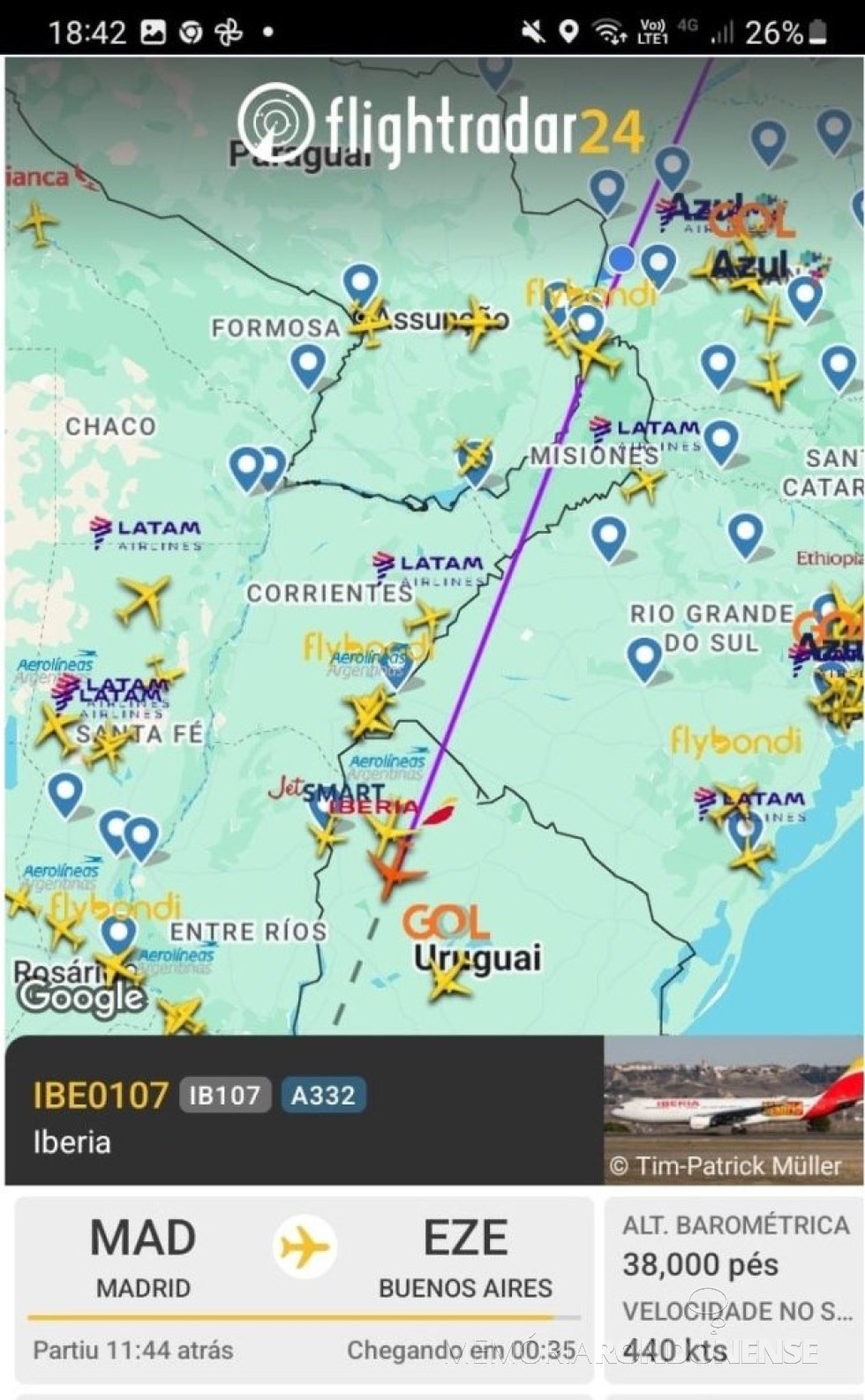 || Identificação da rota da aeronave da Iberia que cruzou o espaço aéreo da cidade de Marechal Cândido Rondon, ao final da tarde de 29 de maio de 2025.
Imagem: Acervo Flightradar - FOTO 18  -