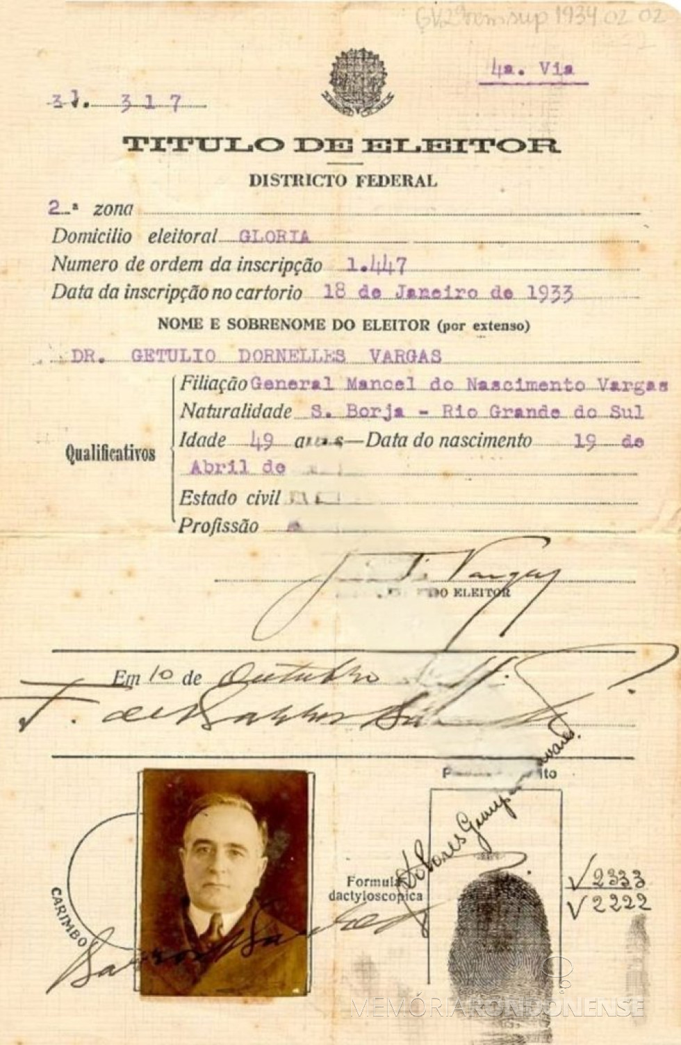 ||Título Eleitoral de Getúlio Vargas, de 1933.
Imagem: Acervo do rondonense Zaqueu Ferreira - FOTO 2 -