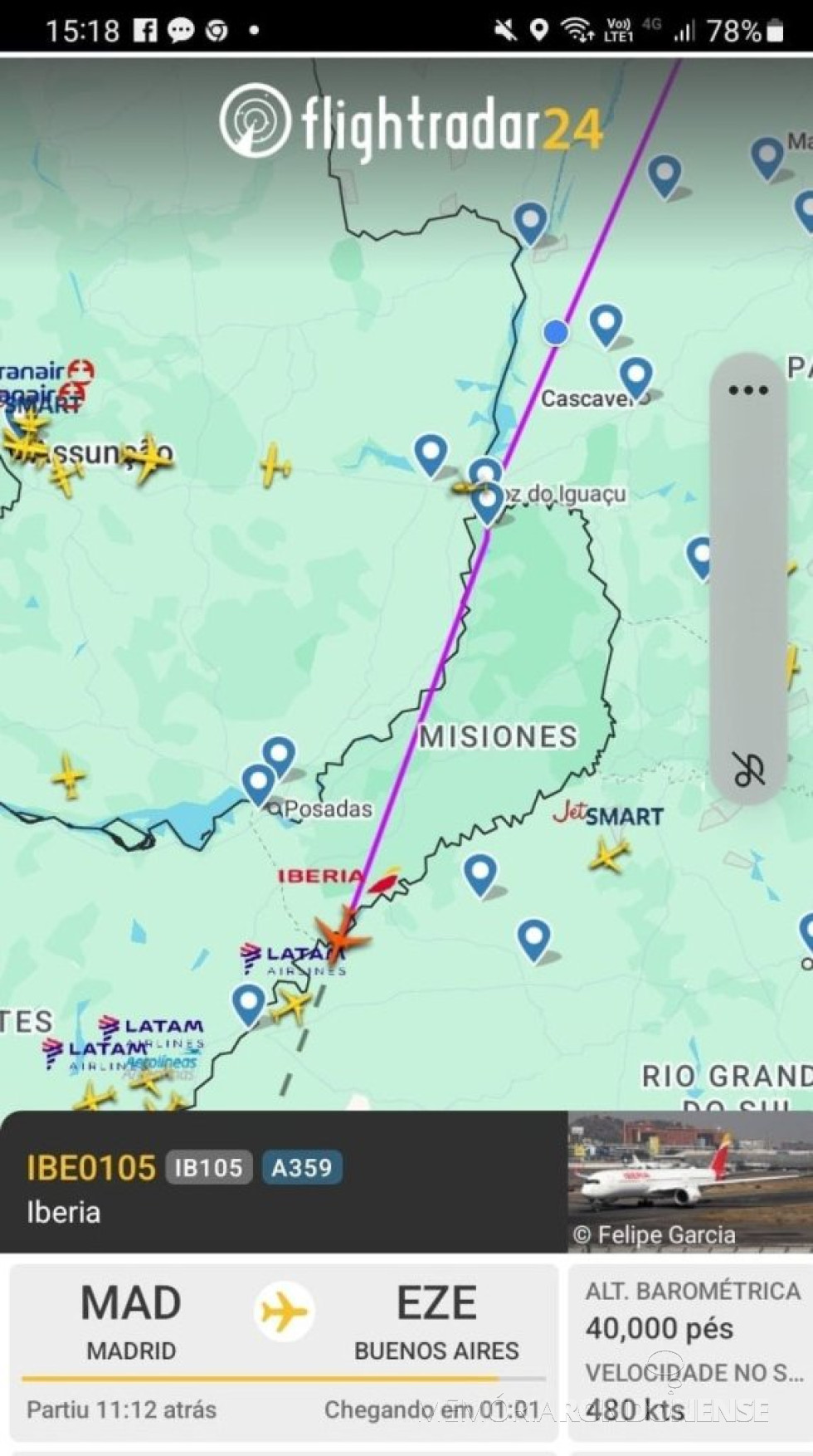 || Identificação da rota da 2ª aeronave da Iberia que cruzou o espaço aéreo de Marechal Cândido Rondon, em 11 de maio de 2025.
Imagem: Acervo Flightradar - FOTO 21 -