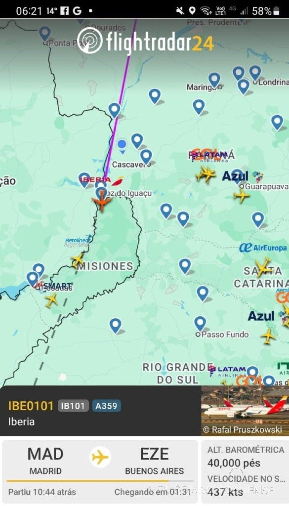 || Identificação da rota da aeronave da Iberia que cruzou o espaço aéreo de Marechal Cândido Rondon, em 01 de maio de 2025.
Imagem: Acervo Flightradar - FOTO 23 -