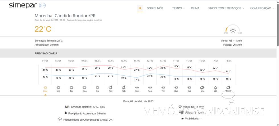 || Previsão meteorológica para a cidade de Marechal Cândido Rondon, 04 de maio de 2025 e dias supervenientes, fornecida pela Simepar - FOTO 24 -