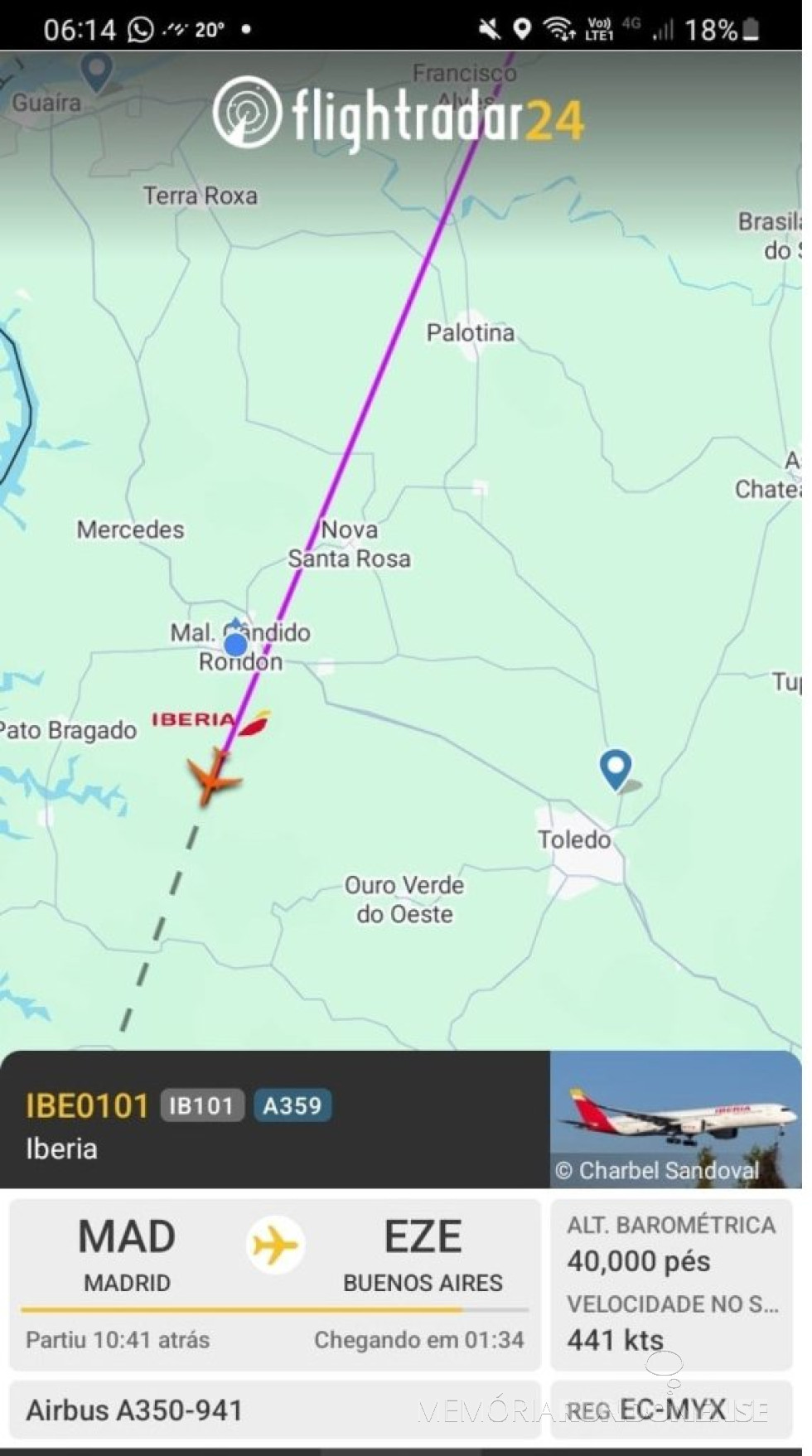 || Identificação da rota da aeronave que cruzou o espaço aéreo de Marechal Cândido Rondon no começo da manhã de 05 de maio de 2025.
Imagem: Acervo Flightradar - FOTO 35 -