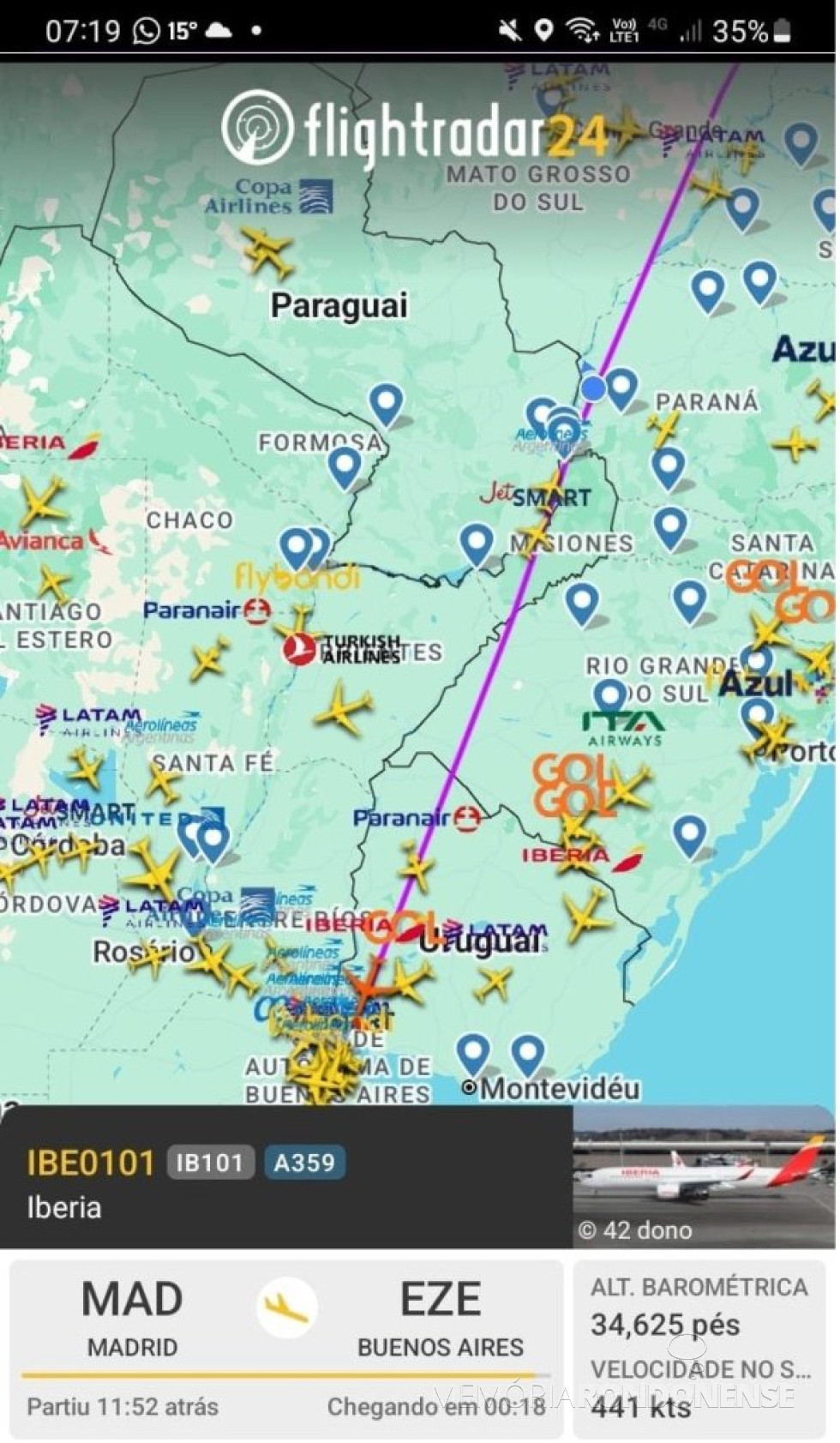 || Identificação da rota do avião da Iberia que cruzou o espaço aéreo de Marechal Cândido Rondon, na madrugada de 11 de maio de 2025.
Imagem: Acervo Flightradar - FOTO 19 -