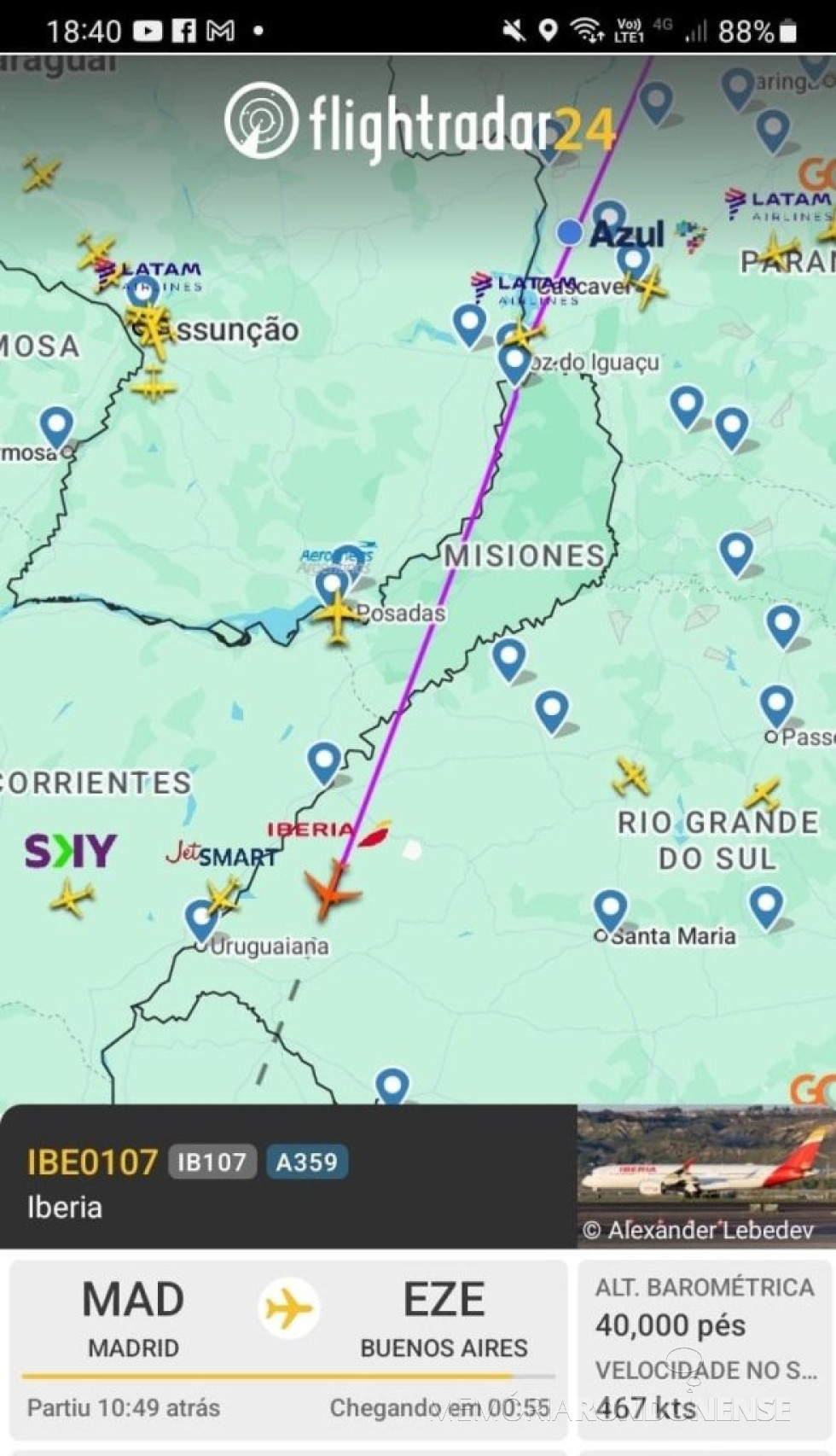 || Identificação da rota do avião da Iberia que cruzou o espaço aéreo de Marechal Cândido Rondon ao final da tarde de 30 de maio de 2025.
Imagem: Acervo Flightradar - FOTO 28 -