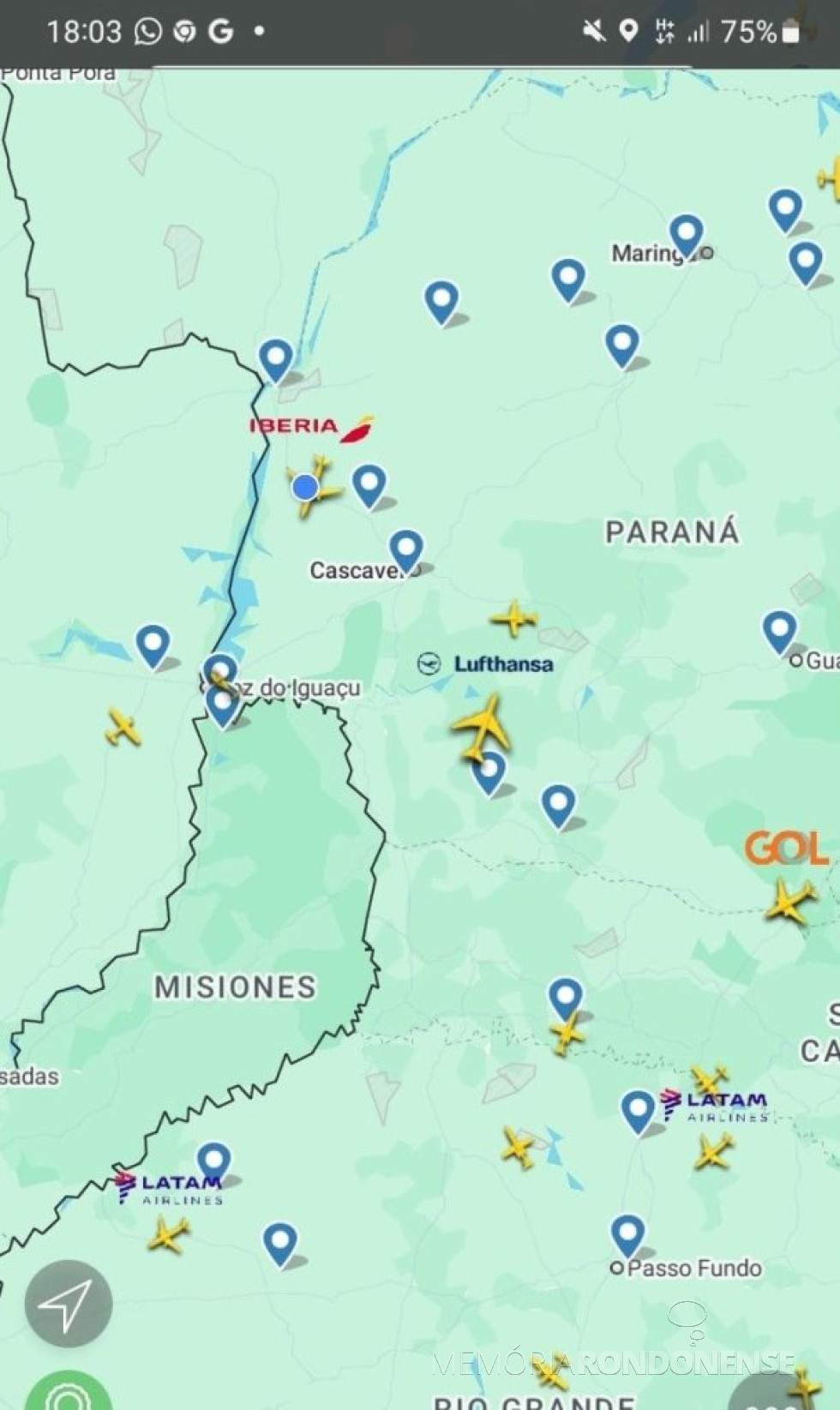 || Identificação da rota da aeronave da Iberia que cruzou o espaço aéreo de Marechal Cândido Rondon no final da tarde de 23 de maio de 2025.
Imagem: Acervo Flightradar - FOTO 18 -