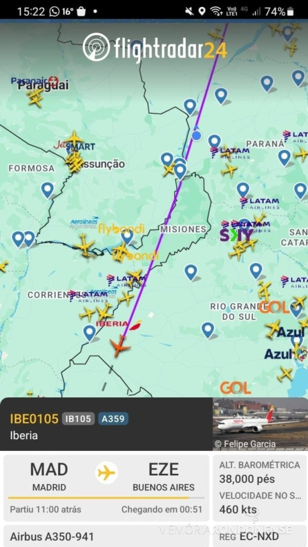 || Identificação da 2ª aeronave da Iberia que cruzou o espaço aéreo de Marechal Cândido Rondon, em 26 de junho de 2025.
Imagem: Acervo Flightradar - FOTO 26 -