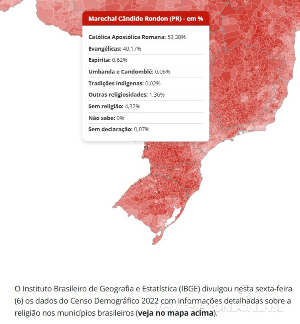|| Dado censitário quanto à religião  na cidade de Marechal Cândido Rondon, de acordo com o Censo Demográfico 2022, divulgado em junho de 2025.
Imagem: Acervo G1.Globo.com/economia - FOTO 24 -