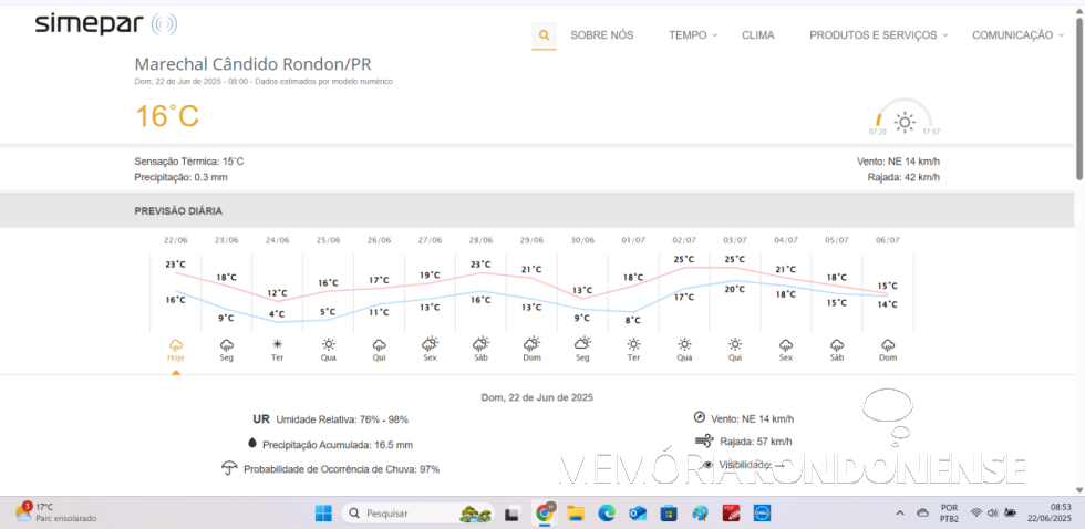 || Previsão meteorológica para a cidade de Marechal Cândido Rondon, 22 de junho de 2025 e dias supervenientes, fornecida pelo Simepar - FOTO 24 -