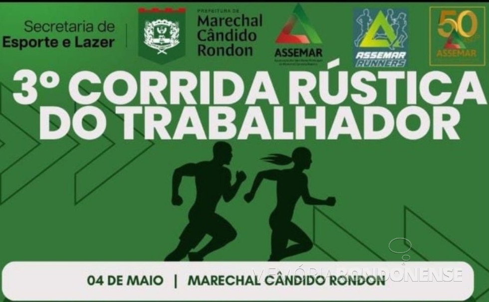 || Cartaz convite para a 3ª Corrida Rústica do Trabalhador de Marechal Cândido Rondon, em maio de 2025.
Imagem: Acervo Projeto Memória Rondonense - FOTO 25 -