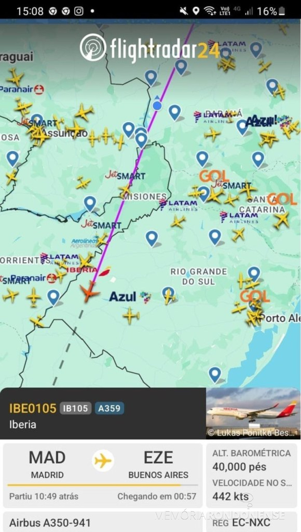 || Identificação da rota do avião da Iberia que cruzou o espaço aéreo de Marechal Cândido Rondon, em 27 de junho de 2025.
Imagem: Acervo Flightradar - FOTO 27 -