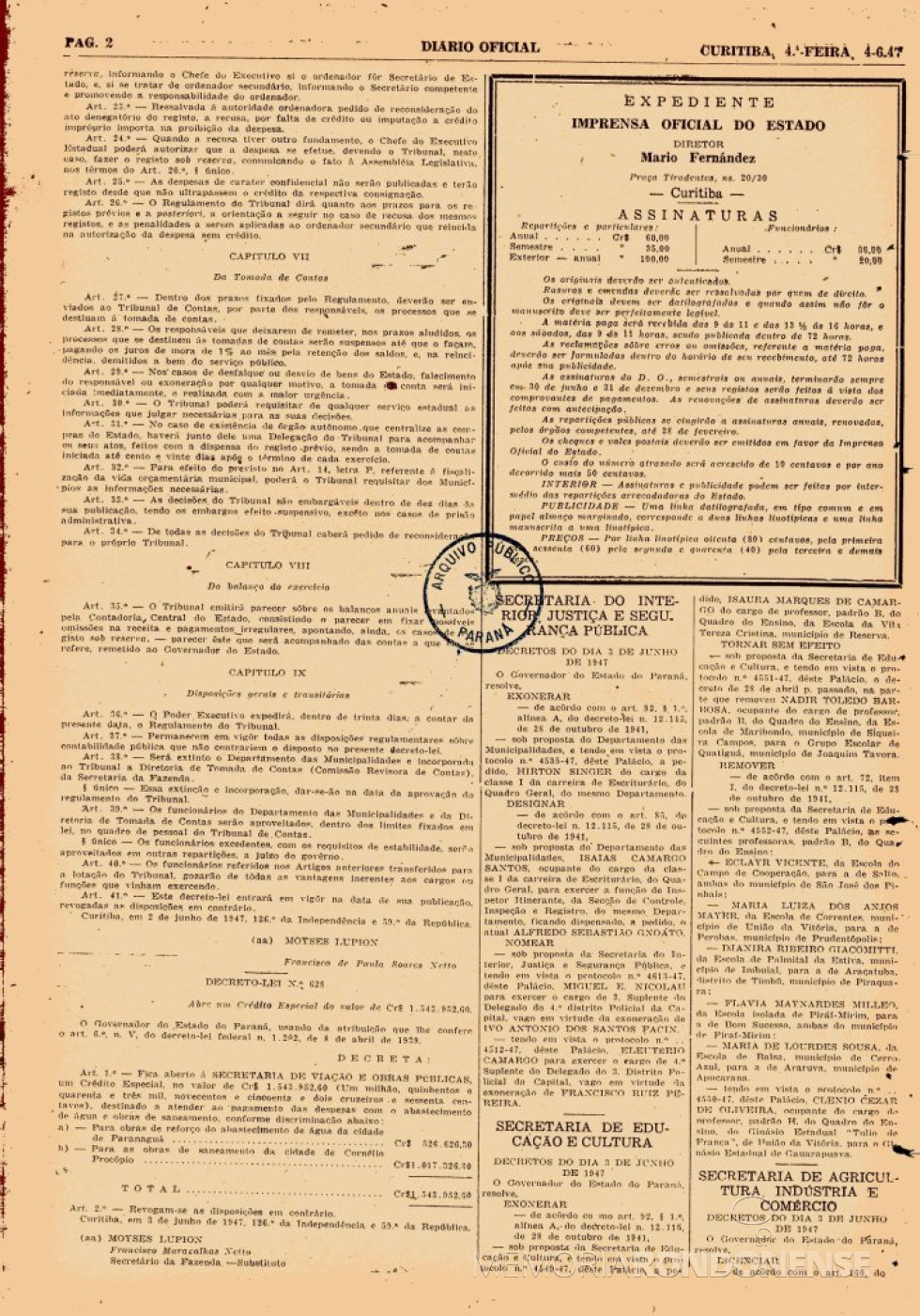 || 2ª página da publicação no Diário Oficial do Decreto-Lei nº 627 (parte final) que o Tribunal de Contas do Paraná, em junho de 1947.
Imagem: Acervo da Biblioteca do Arquivo Público do Paraná - FOTO 5 -