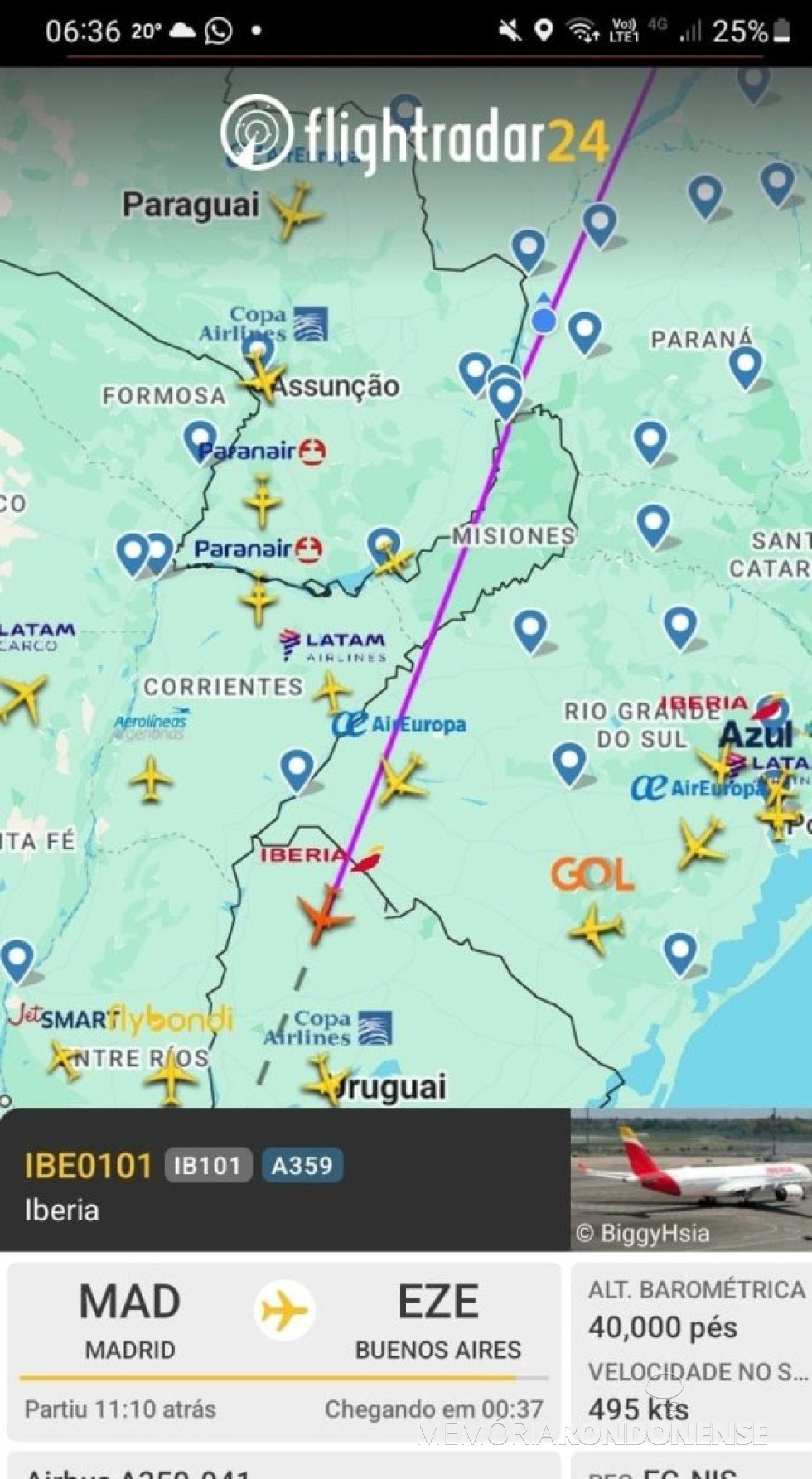 || Identificação da rota da aeronave da Iberia que cruzou o espaço aéreo na cidade Marechal Cândido Rondon, em 17 de junho de 20-25;
Imagem: Acervo Flightradar - FOTO 25 -