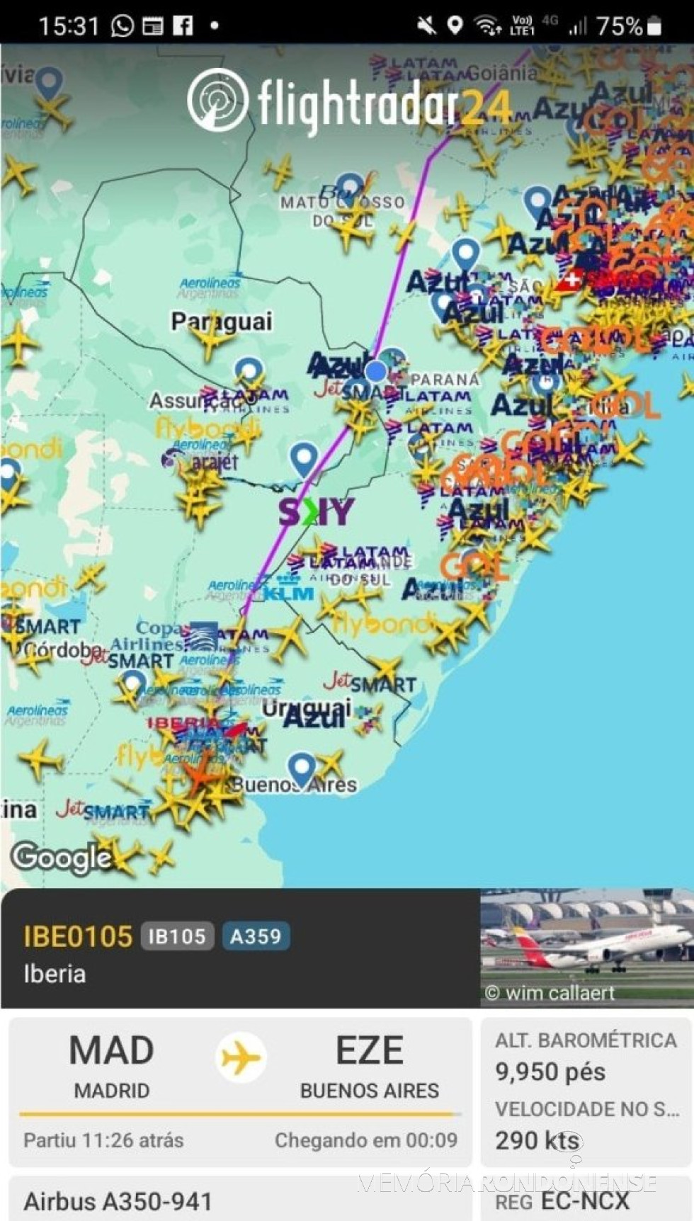|| Identificação da rota da aeronave da Iberia que cruzou o espaço aéreo de Marechal Cândido Rondon, em 14 de junho de 2025.
Imagem: Acervo Flightradar - FOTO 29 -