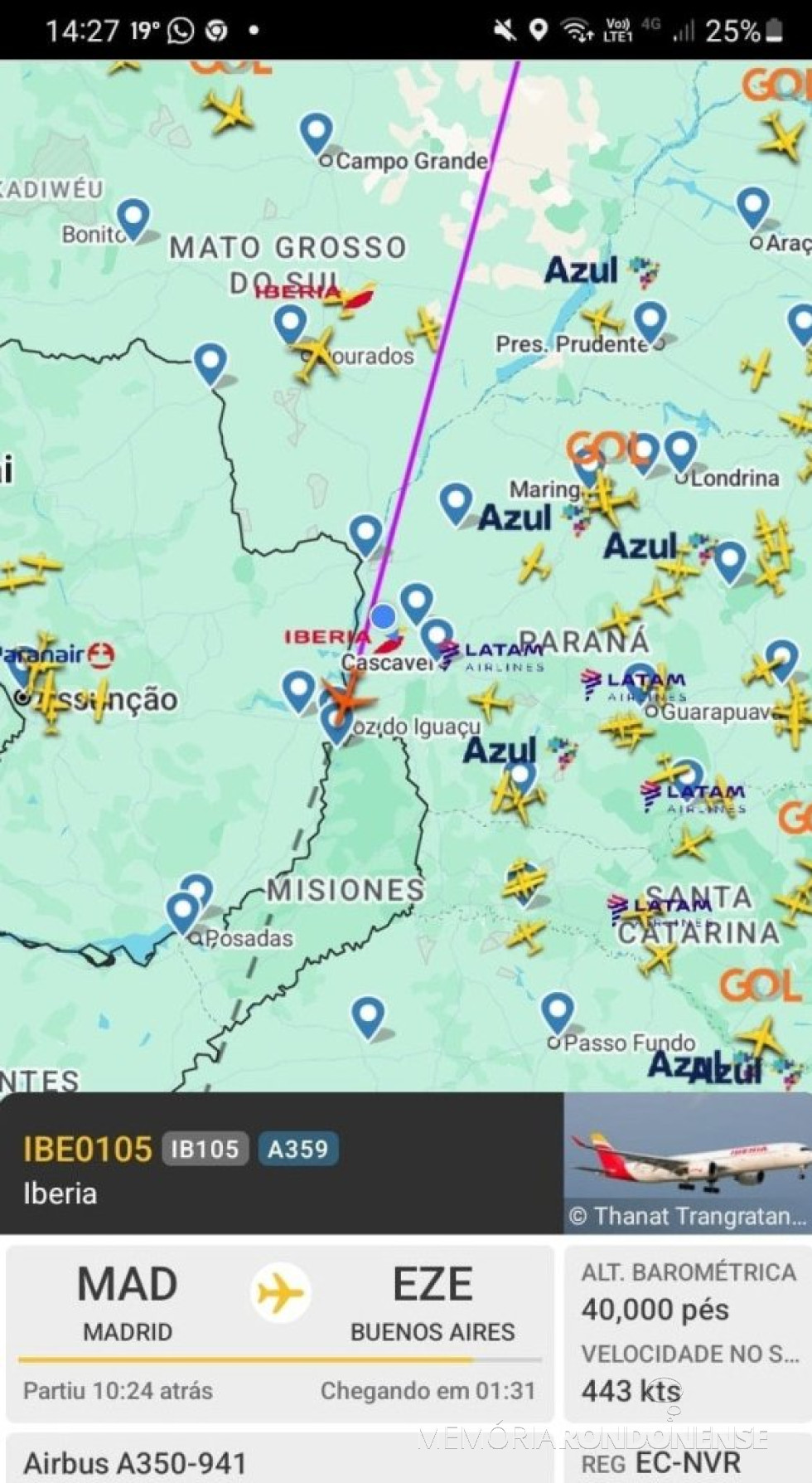 || Identificação da rota do avião da Iberia que cruzou o espaço aéreo de Marechal Cândido Rondon, em 13 de junho de 2025.
Imagem: Acervo Flightradar - FOTO 25 -