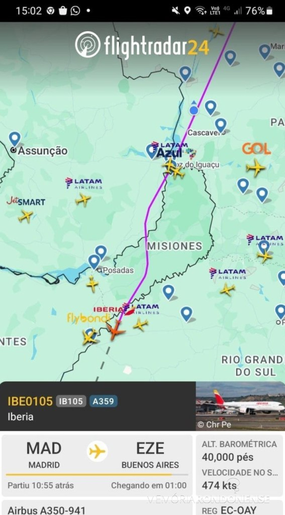 || Identificação da rota do avião da Iberia que cruzou o espaço aéreo da cidade de Marechal Cândido Rondon, em 22 de junho de 2025.
Imagem: Acervo Flightaradar - FOTO 25 -
