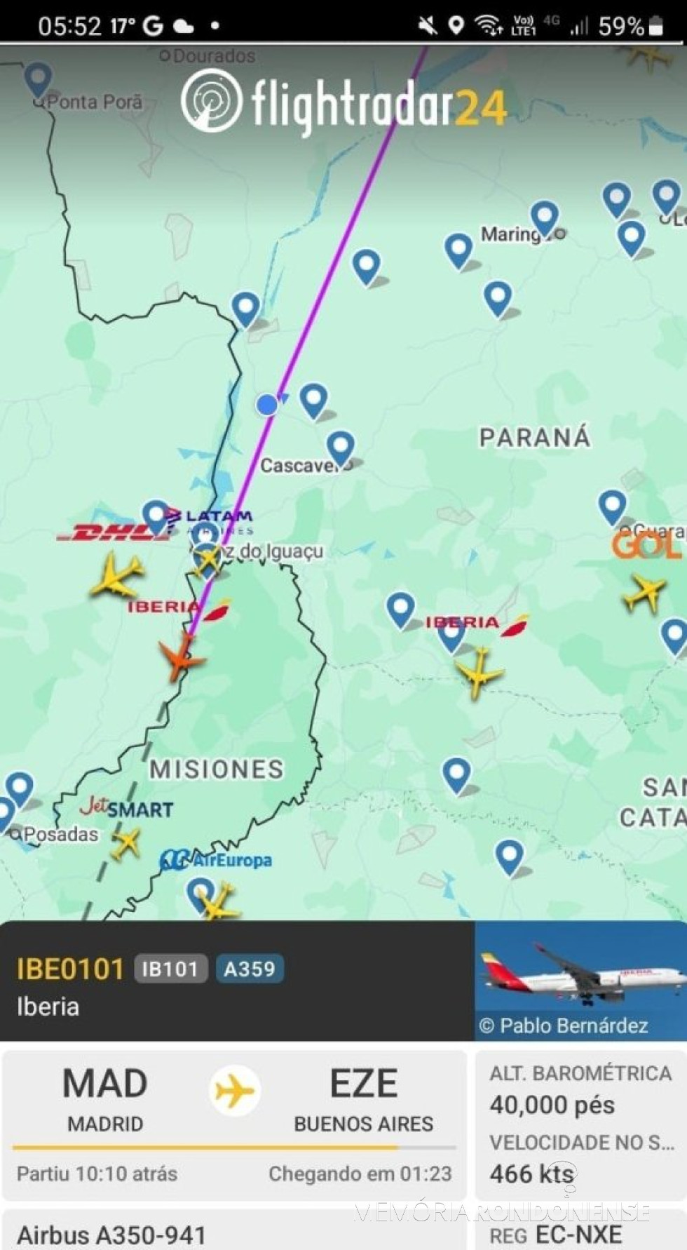 || Identificação da rota da aeronave da Iberia que cruzou o espaço aéreo da cidade de Marechal Cândido Rondon na madrugada de 28 de junho de 2025.
Imagem: Acervo Flightradar - FOTO 35 -