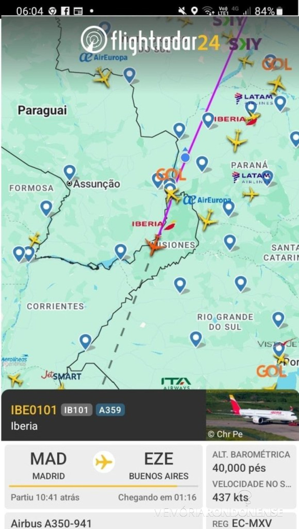 || Identificação da rota do avião da Iberia que cruzou o espaço aéreo de Marechal Cândido Rondon, na madrugada de 18 de junho de 2025.
Imagem: Acervo Fligthtradar - FOTO 26 -