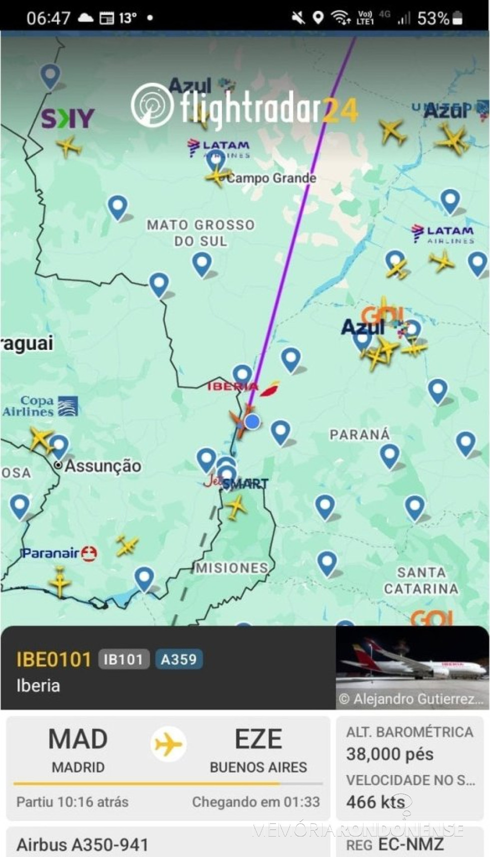 || Identificação da rota da aeronave da Iberia que cruzou o espaço aéreo da cidade de Marechal Cândido Rondon, em 26 de junho de 2025.
Imagem: Acervo Flightradar - FOTO 25 -
