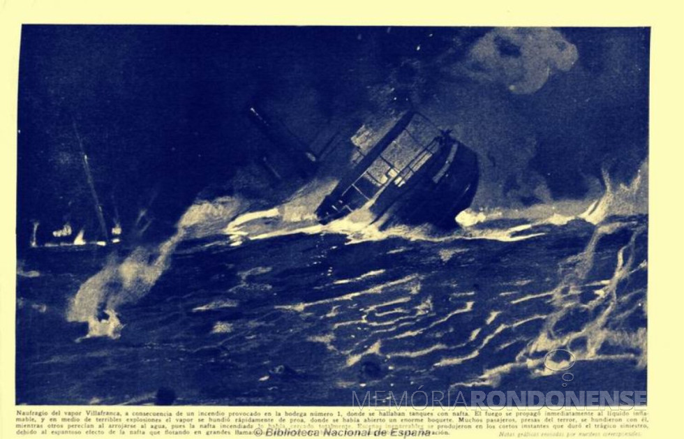 || Villafranca incendiado no Rio Paraná, em junho de 1922.
Imagem: Acervo Museu Nacional de Espanha / compartilhamento jornal