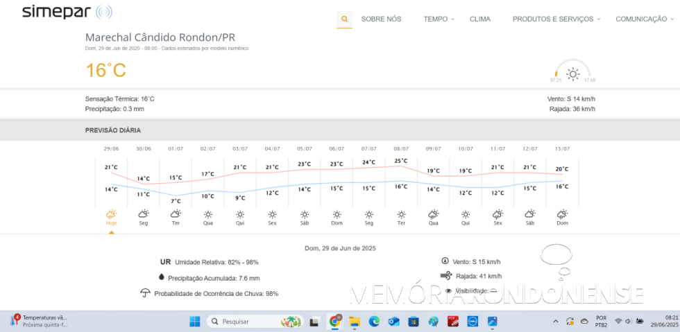 || Previsão meteorológica para a cidade de Marechal Cândido Rondon, dia 29 de junho de 2025 e dias supervenientes, fornecida pelo Simepar - FOTO 33 -