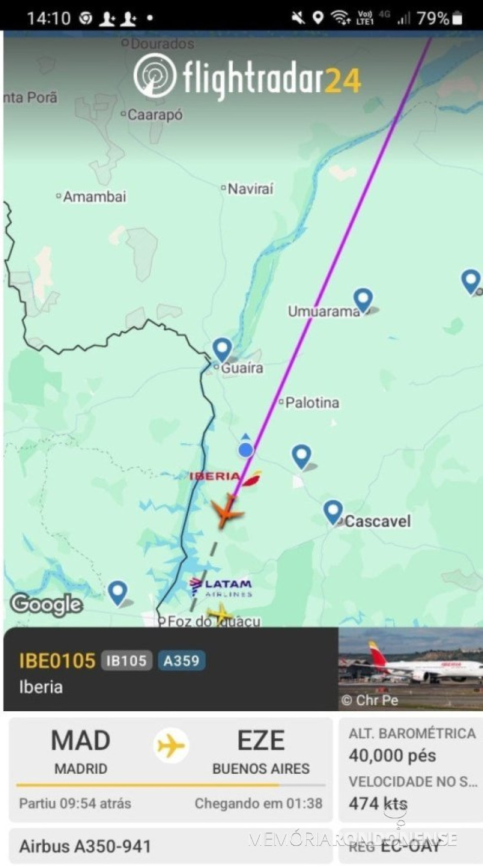 || Identificação da rota do avião da Iberia que cruzou o espaço aéreo de Marechal Cândido Rondon, após o meio-dia, em 29 de junho de 2025.
Imagem: Acervo Flightradar - FOTO 34 -