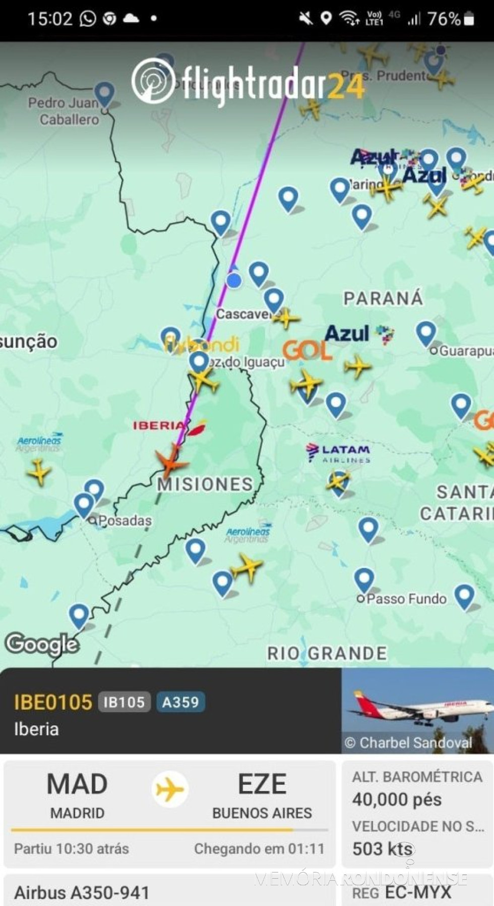 || Identificação da rota da aeronave da Iberia que cruzou o espaço aéreo de Marechal Cândido Rondon, em 27 de julho de 2025.
Imagem: Acervo Flightradar - FOTO 34 -