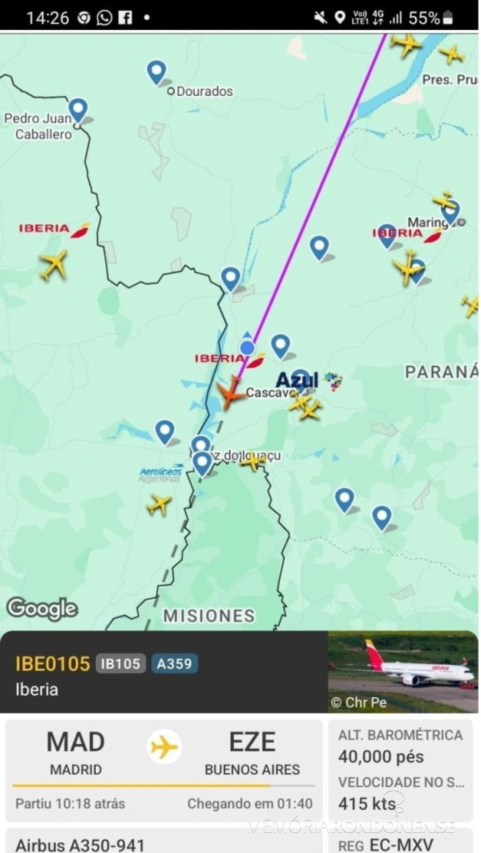 || Identificação da rota do avião da Iberia que cruzou o espaço aéreo da cidade de Marechal Cândido Rondon,  à meia-tarde do dia 26 de julho de2025.
Imagem: Acervo Flightradar - FOTO 33 --