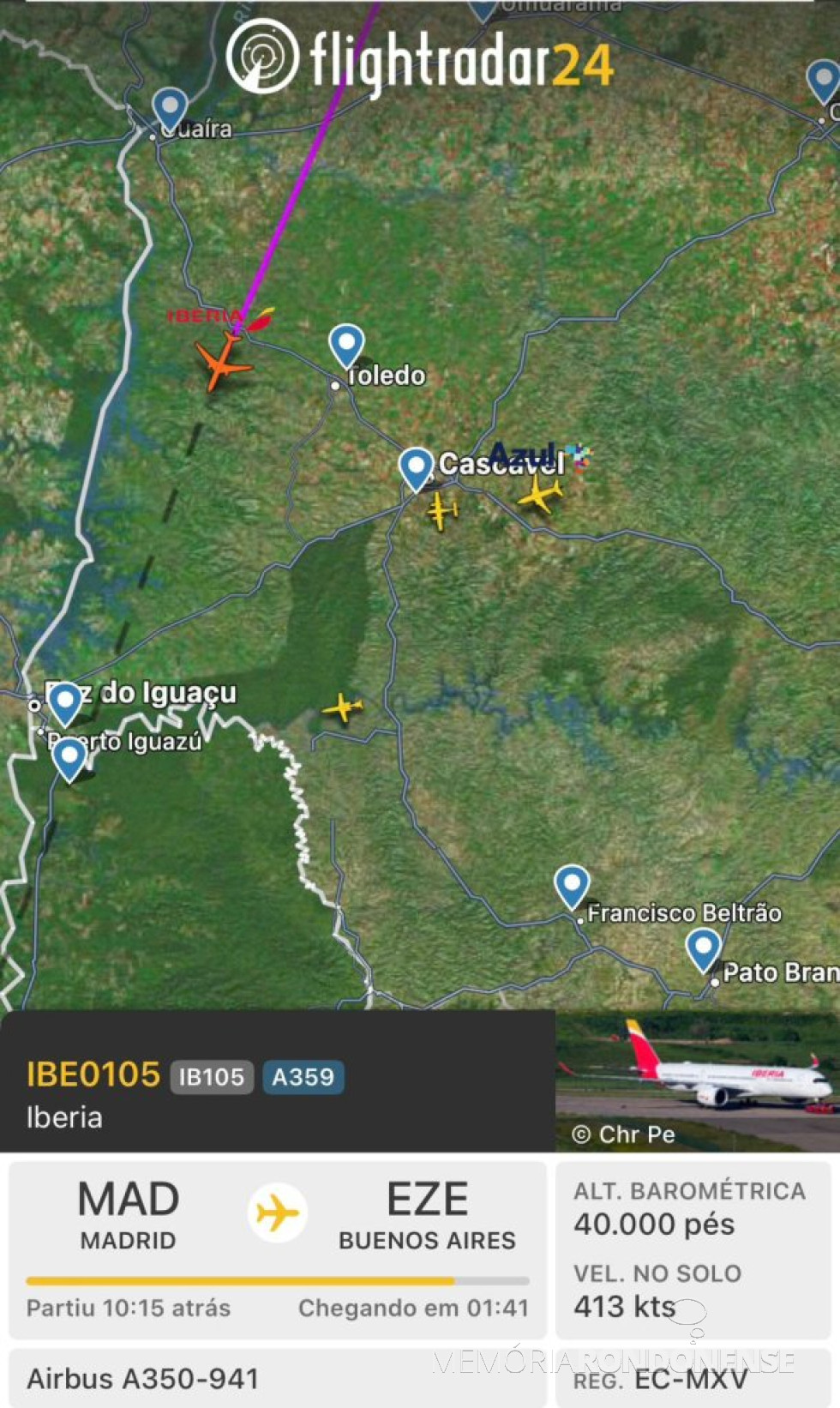|| Identificação da rota do avião da Iberia que cruzou o espaço aéreo da cidade de Marechal Cândido Rondon,  ao final da tarde do dia 26 de julho de2025.
Imagem: Acervo Flightradar - FOTO 35 --